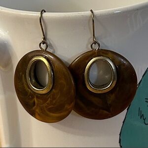 Brown marbled lucite Dangle drop Earrings with goldtone centers